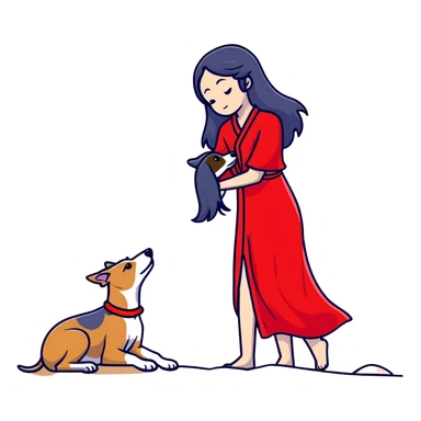 A beautiful 25-year-old Japanese woman with long flowing black hair wearing a stylish red beach dress, gently petting a PURE SOLID DARK GREY whippet with a bright RED COLLAR on a beach at night under a starry sky. The whippet MUST be 100% SOLID DARK GREY with ABSOLUTELY NO WHITE MARKINGS ANYWHERE - specifically NO WHITE on face, NO WHITE on chest, NO WHITE on paws - ENTIRELY ONE CONSISTENT SOLID DARK GREY COLOR throughout. Deep blue night sky filled with bright stars, moonlight reflecting on the ocean, sandy beach in the foreground. sticker