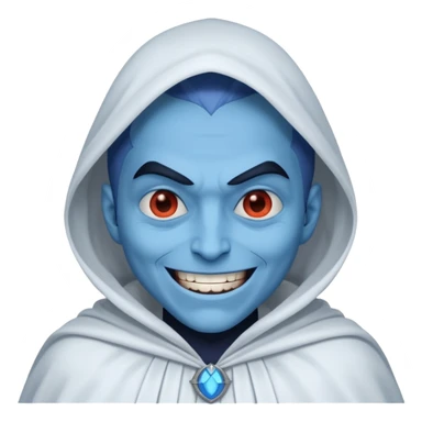 villain smiling with a white cloak, blue skin sticker