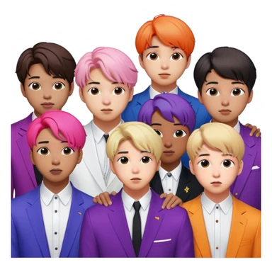 Cinematic Realistic group portrait of BTS featuring all 7 members in stylish modern attire, with detailed facial expressions and vibrant colors, captured in dynamic, contemporary lighting that emphasizes their global pop icon status sticker