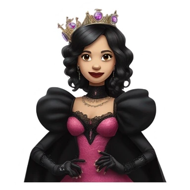  longstanding flirty Lavish black evening gown with see-through gloves, Jenna Ortega as Addams woman prom queen wearing a steampunk mini tiara, very large blood  pink evil-looking horned old dragon purse sticker