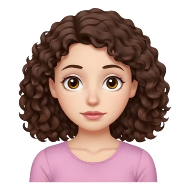 Aesthetic white girl with really long wavy/curly hair color dark brown, hair most be in front of the shoulders (hair in front of the shoulders). Big almond shape tired eyes color brown with dark circles, wide nose, natural lips, sweet expression. Dressed with a cute tight top color light pink. sticker