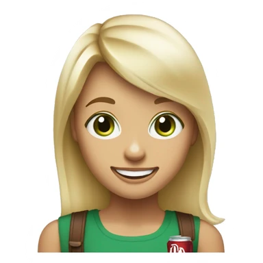 Blonde girl with shoulder length hair and swooped, bangs, big green eyes holding a diet Dr Pepper and looking happy sticker