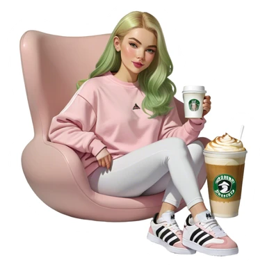 Girl long bright blonde hair middle part with rosy cheeks and plump mauve lips and green colored eyes wearing a white colored sweatshirt and black leggings, adidas OG Samba sneakers sitting in a large pink chair holding a latte sticker