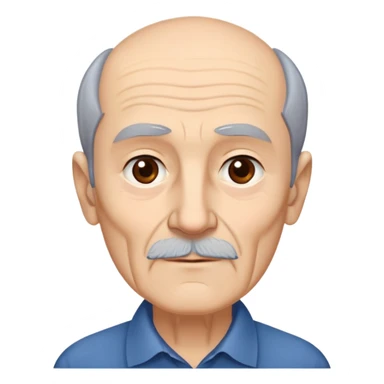 Elderly thin man with light skin. Narrow face with visible cheekbones and jawline. Signs of aging with some wrinkles. Expressive dark brown eyes, thick eyebrows. Short brown hair with receding hairline. Untidy brown beard with some gray strands. Wearing a dark blue shirt. sticker