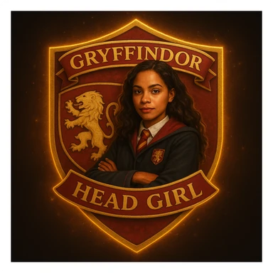 Make this head girl of Gryffindor badge more realistic, with a confident young witch in lifelike Gryffindor robes, a realistic lion icon, and naturalistic lighting and textures. sticker
