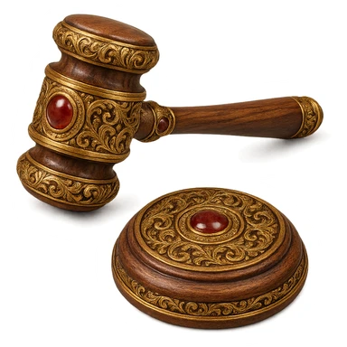 an ornate judge's gavel with decorative patterns, gemstone details, and a rich wooden texture sticker