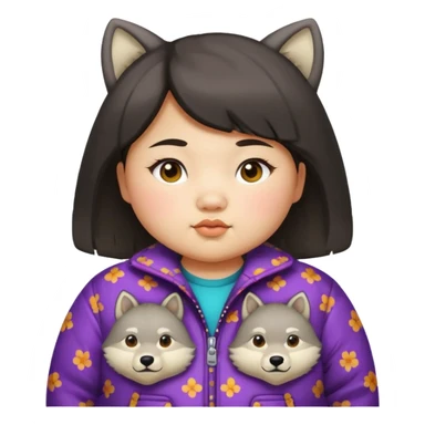 chubby Asian girl, medium wolf cut, baby face, age 15, funky patterned jacket sticker