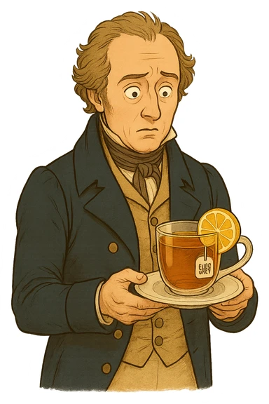 Используя такую стилистику сгенерируй графа Чарльза Грея, который задумчиво и удивленно держит в руках тарелку с чашкой черного чая Эрл Грей и лимоном внутри, прозрачный фон sticker