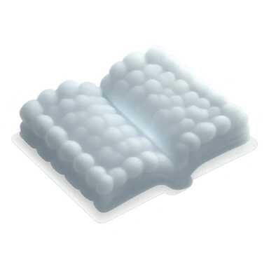 top view of a thick open book made entirely of small, very bright white fluffy convex clouds, matte glass style sticker