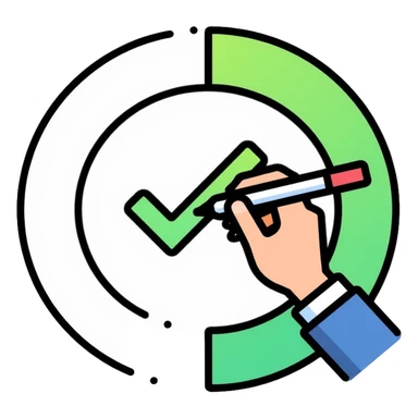 A hand with pen checking off a green checkbox inside a circular progress tracker, clean outlined style, symbolizing completed tasks and progress tracking sticker