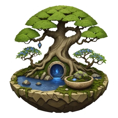 Alien spacecraft hanging jungle-vines mountain-island landscape antique mudman very old broken cracked intricate Stone Age rocky-crusted irregular dodecagon-shaped shallow dark moss rough bark blue willow flowered maple tree bonsai pot sticker