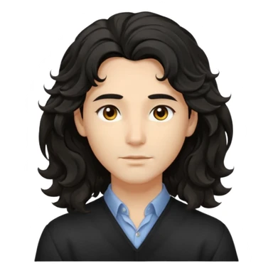 his avatar has shoulder-length black wavy hair with loose curls framing the face, and a long, pointed face with golden-brown eyes and a calm, neutral expression. sticker