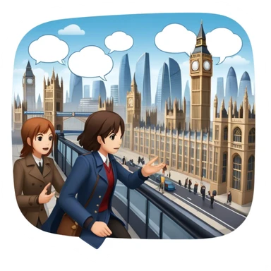 An icon representing a visual novel, inspired by games like 'One Day in London.' The design features a detailed cityscape with characters in dynamic poses, as if caught in a pivotal story moment. Speech bubbles and narrative text appear. Transparent background sticker