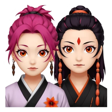 tanjiro: Kind red eyes, black hair with burgundy tips, forehead scar, tanned skin, Hanafuda earrings.                             nezuko:   Pink eyes, black-orange hair, fangs, bamboo muzzle. sticker