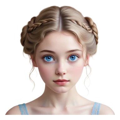 Cinematic Realistic Cinderella Portrait, depicted with lifelike skin texture, subtle rosy undertones, and soft natural lighting that enhances the gentle contours of her face. Her intricately detailed golden blonde hair is elegantly styled in an updo, with delicate wisps framing her face for added realism. Her deep, expressive blue eyes radiate warmth and sincerity, reflecting a quiet resilience and grace. She is dressed in her iconic ball gown, the fabric shimmering with intricate embroidery and fine translucent layers that catch the light beautifully. The soft sheen of satin gloves and the delicate sparkle of a glass-like slipper peeking from beneath her dress add a touch of magical realism. The portrait features an enchanting glow with a natural, luminous finish, seamlessly blending realism and fairytale charm to evoke a sense of depth, elegance, and timeless beauty. sticker