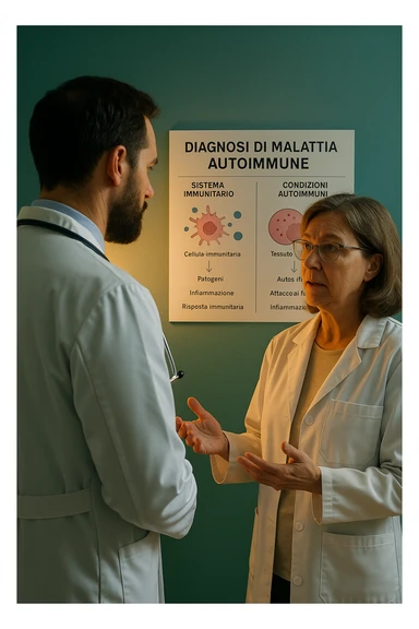 Foto tutta in italiano Realistic, detailed photo taken from behind of one doctor e un paziente —a bearded man and a middle-aged woman—standing and facing each other as they discuss an autoimmune disease diagnosis in front of a medical chart that displays information about the immune system and autoimmune conditions. The scene is illuminated by a yellowish, orange, warm light that softly envelops the doctors. The entire room is bathed in a single green-blue color, creating a cohesive and modern atmosphere. Both doctors wear white coats, and their body language suggests a serious, professional conversation about the complexities of autoimmune diseases. Shot with a Canon EOS R5, with high detail and natural depth of field. scritto in italiano sticker