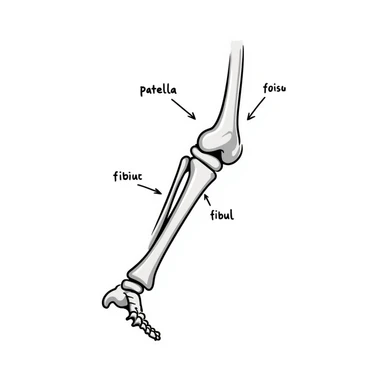 anatomical drawing of knee bones showing patella, femur, tibia, and fibula with labels sticker