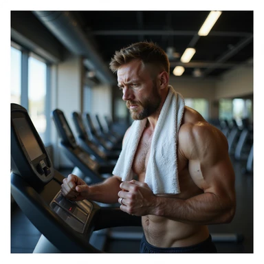 hyperrealistic 4K image of a muscular man in his 30s on treadmill, anxiously staring at heart rate monitor, face flushed, sweat dripping, gym towel soaked, hands trembling, clear signs of stress and panic, gym background sticker