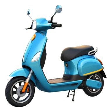 An icon featuring a sleek electric scooter parked on a scenic path. The background showcases a vibrant city park with green trees, flowers, and a clear blue sky. The sun sets in the distance, casting a warm golden glow on the landscape. Transparent background sticker