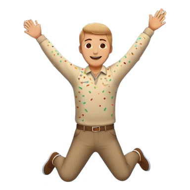 hombre sonriendo saltando con los brazos hacia arriba saltando, con fuegos artificiales, confites volando, sticker