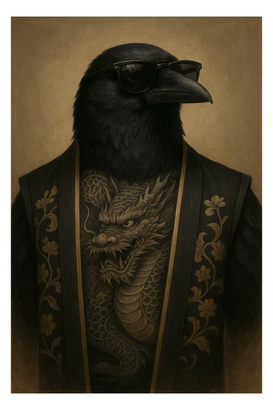 A crow with a dragon tattoo on its chest, wearing sunglasses and a traditional yakuza vest, exuding confidence. sticker