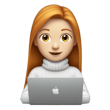 ginger girl with straight long hair and blue eyes in turtle neck white sweater working on a laptop sticker