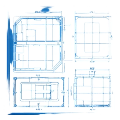 blue blueprint plan with white lines, side and top view combined sticker
