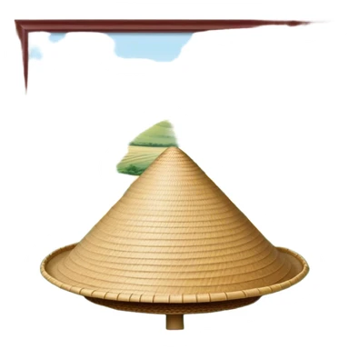 Cinematic Realistic image of an iconic conical hat (Nón Lá), rendered with detailed textures and subtle natural hues, set against a serene rural Vietnamese landscape with gentle, diffused lighting sticker