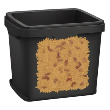 Black cubic plastic container with wood shavings and earthworms inside sticker