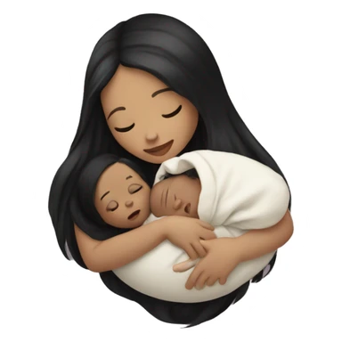 Pale girl with long black hair is holding a newborn baby sticker