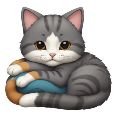 dark grey and white small cat with his eyes closed, leaning his head on his paw while leaning on his elbow lying down sticker