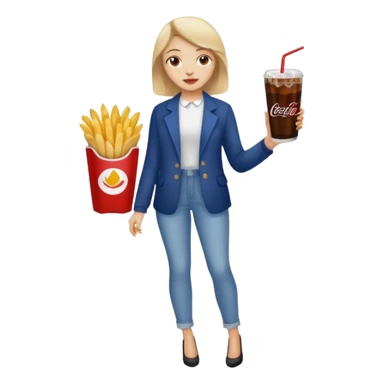 a young woman full length with cola in one hand and french fries in the other hand and a painting under her arm sticker
