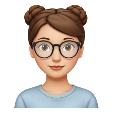white European woman with brown hair in a bun, wearing glasses, friendly sticker