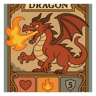 fantasy trading card showing a majestic fire-breathing dragon with stats for health, fire, and armor included, intricate card frame, rich textures, bold colors, epic and dramatic style sticker