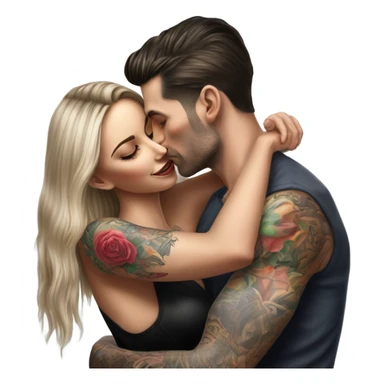 Hyper Realistic beautiful woman in the arms of a very handsome tattooed man kissing on a sofa sticker