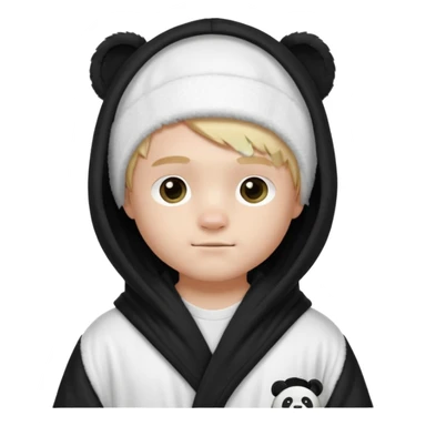 Create a blond boy with long, messy hair, light eyes, a white t-shirt, rich, with long hair, blue eyes, medium-length, voluminous hair, wearing a black Nike bathrobe and a little blush near his nose. and with a panda balaclava, but showing her hair. sticker