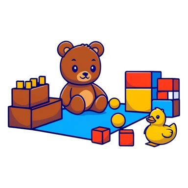 scattered children's toys on floor - teddy bear, rubber duck, blocks, ball, action figures sticker