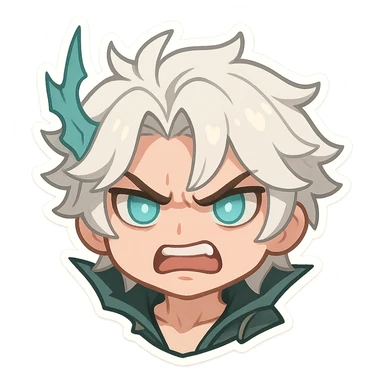 Viego from League of Legends, chibi style emote, only head, angry expression sticker
