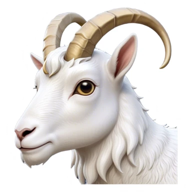 Cinematic Noble White Goat Portrait Emoji, Poised and regal, with a sturdy, agile build and a pristine, smooth white fur accented by gracefully curved horns, deep-set soulful dark eyes, Simplified yet sharp and sophisticated features, highly detailed, glowing with a soft, dignified glow, high shine, intelligent and spirited, stylized with an air of pastoral elegance, focused and attentive, soft glowing outline, capturing the essence of a watchful and confident goat, so majestic it feels as though it could leap out of the screen with effortless authority! sticker