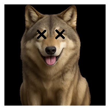 Overlay cartoon X's on the eyes of the wolf, keep everything else 100% identical—pose, style, lighting, and background. Maintain the original style and look exactly as in the reference image. sticker