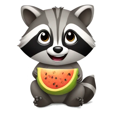 Raccoon eating fruit with a smile sticker