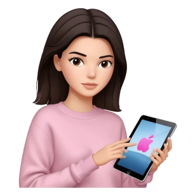 Brunette Kendall Jenner with a light pink sweater holding an ipad sticker