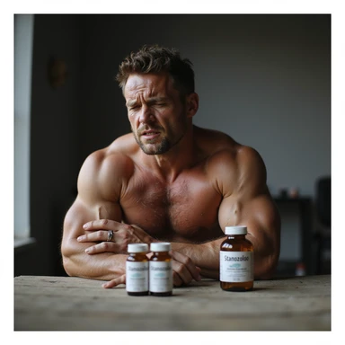 photo realistic crossfit athlete with painful expression, widespread joint problems, holding painful shoulder, visible muscles, vials labeled 'Stanozololo' on the ground nearby, natural light, gym background sticker