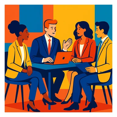 Stylish office team meeting concept with professionals in suits, vibrant colors, and a sleek table sticker