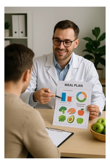 a nutritionist sits at a desk with a client, showing a personalized meal plan and a chart that clearly displays the client’s specific daily caloric deficit. The nutritionist points to the chart, which includes recommended calories, macronutrient breakdown, and healthy food options. The mood is professional, supportive, and educational. in italiano sticker