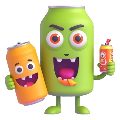 cartoon character strung out on Monster energy drink, wild eyes, jittery, holding a Monster can, 3D emoji style sticker