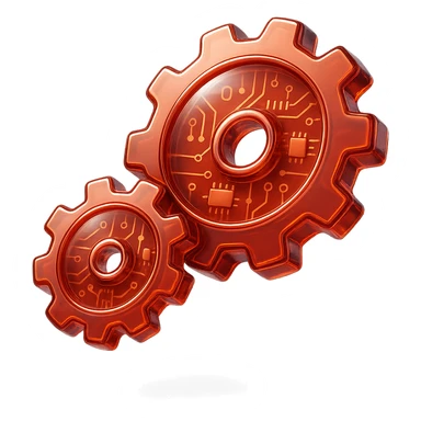 Transform the set into two round gears that are shiny and metallic, all in red color, in glossy circuit style with no background. sticker