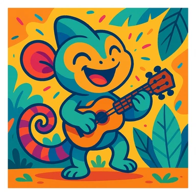 cute animal playing a ukulele, vibrant cartoon style sticker