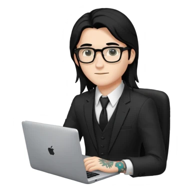 a young man with long black hair, with formal cloth, wearing glasses sitting with a laptop, tattoo inyout arms sticker