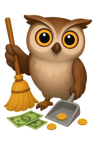 В стилистике эмоджи сгенерируй сову, она смотрит прямо на зрителя, одним крылом держит веник и сметает купюры и монеты в совок, который держит в другом крыле, прозрачный фон sticker